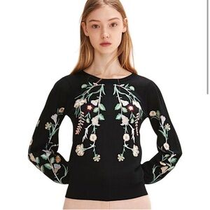 Maje Floral Embroidered Wool Sweater, Size 1 US Small, Black/Multicolored
